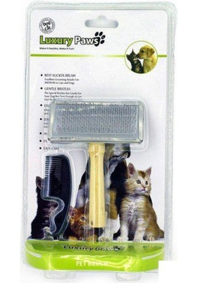 Luxury Paws Ahşap Saplı Metal Kedi Köpek Fırçası Large 14x12 cm.