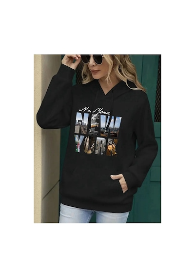 Medinenur Newyork Baskılı Cepli Kapüşonlu Sweatshirt Siyah