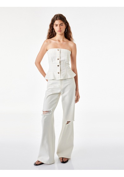 Koton Pamuklu Düğmeli Ekoseli Slim Fit Straplez Korse Bluz Kırık Beyaz 6sal30004mw Ekru