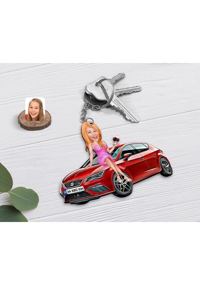 Kişiye Özel Bayan Seat Leon Kırmızı Figürlü Plakalı Ahşap Karikat (476912950)