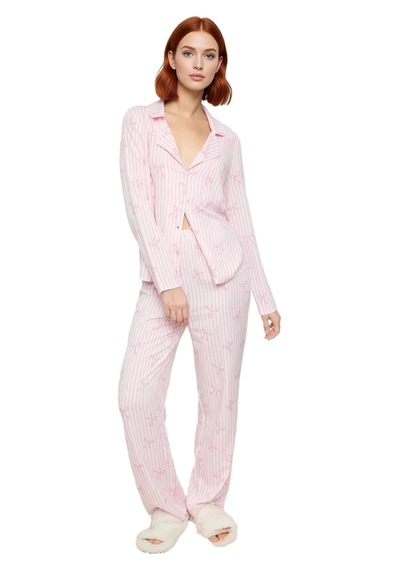 Ersefa Kadın Çizgili Fiyonk Baskılı Viskon Pijama Takımı Fonksiyonel Day Açık Pembe