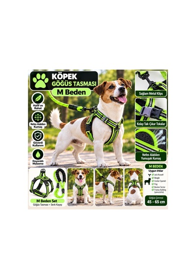 Senye Köpek Göğüs Tasması Seti Reflektörlü M Beden - Yeşil Göğüs 45-65 Cm Çok Renkli