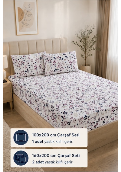 Desenli Lastikli Çarşaf Takımı Fitted Çarşaf Ve Yastık Kılıflı Seti Tek-çift Kişilik Mor