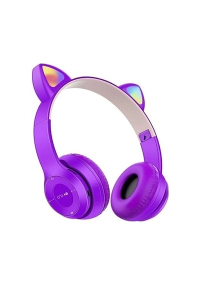 P47m Bluetooth 5.0 Kablosuz Işıklı Kedi Kulaklık Kulak Üstü Kulaklık Mor