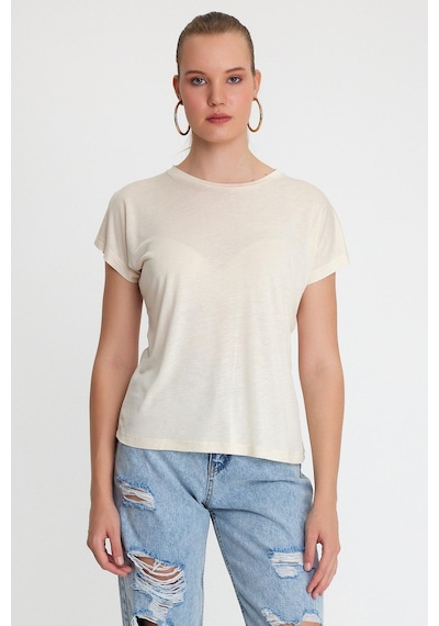 Kadın Bambu Kumaş Bisiklet Yaka T-shirt Bej