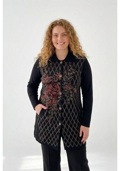 Onno Style Women Büyük Beden Ekose Gül Pike Desenli Çelik Örgü Kadın Triko Yelek Kaban Siyah Onno Style Women Büyük Beden Ekose Gül Pike Desenli Çelik Örgü Kadın Triko Yelek Kaban Siyah
