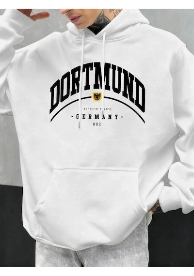 Tarzsokak Dortmund Almanya Mektup Desen Sonbahar Hoody Erkekler Rahat Büyük Boy Kapüşonlular Moda Polar Beyaz