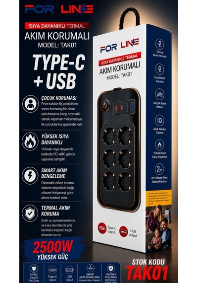 Forline 6 Soketli 2 Type-c + 2 Usb Girişli 2metre Kablolu Akım Korumalı Grup Priz 2 M
