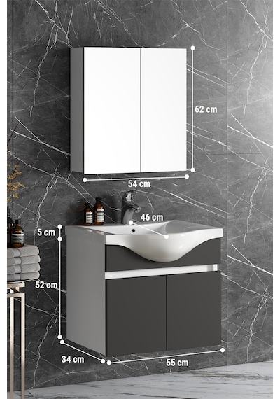 Yıldız 55 Cm Beyaz-antrasit Gri Mdf Asma Banyo Dolabı Takımı Beyaz - Antrasit