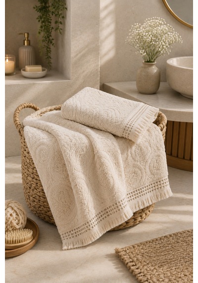 Paisley Desenli Saçaklı 2 Li Baş Ve Banyo Havlusu Seti 50x90 + 90x150 Cm - Ekru