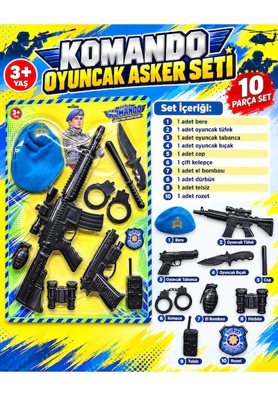 Oyuncak Komando Bordo Bere Asker Polis Seti Hedefli Dart Seti Yelekli Aksiyon Seti 10-16 Parça Mavi