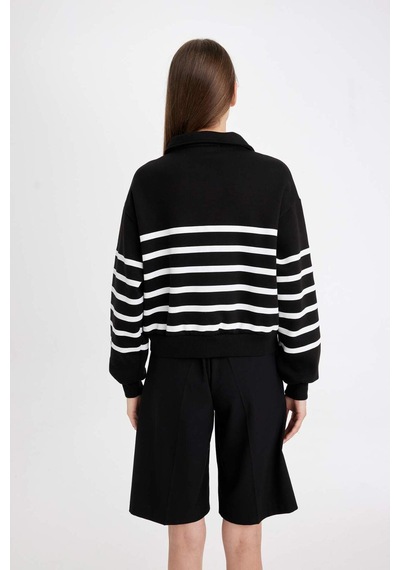 DeFacto Regular Fit Yarım Fermuarlı Dik Yaka Çizgili Kalın Sweatshirt D5297AX24AUBK81
