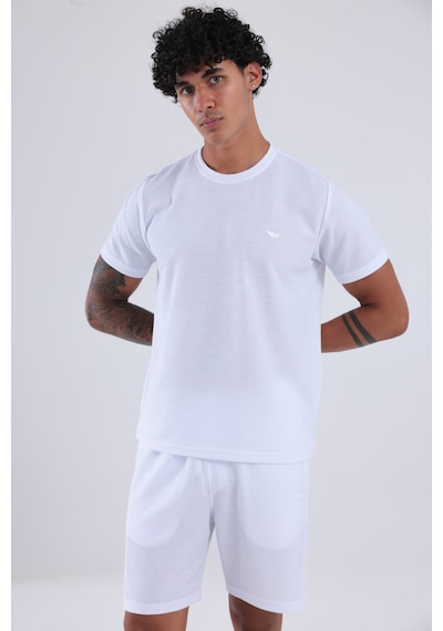 Rowinger Waffle Dokulu Nakış Logo Detaylı Oversize Erkek T-shirt Beyaz