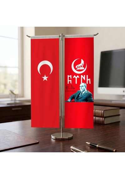 Alparslan Türkeş Bozkurt Hilal Ve Türk Bayrağı Kırlangıç T Tipi Masa Bayrak Takımı Diğer