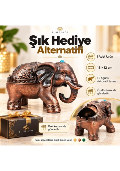 Lüks Alaşım Metal Fil Figürlü Kapaklı Dekoratif Küllük Ve Takı Saklama Kutusu Metal Biblo 18 X 12 Cm