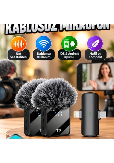 Çift Kablosuz Yaka Mikrofonu Type-c Ve Lightning Uyumlu Android Ve İos Seti