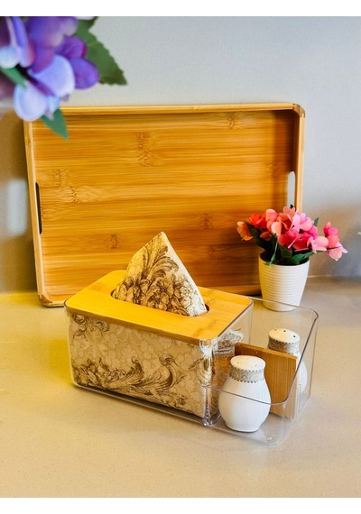 Bambu Kapaklı Plastik Peçetelik Ve Organizer, 25 X 12 X 10 Cm