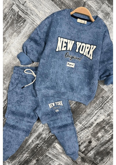 Turuncu Gardrop 5-14 Yaş New York Batik Desen Erkek Çocuk Takım Mavi Mavi