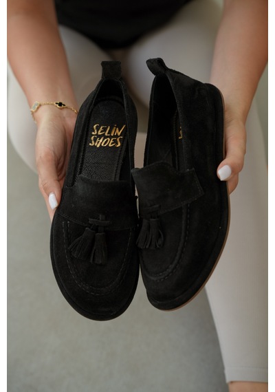 Selin Shoes Belluno Hakiki Deri Püsküllü Kadın Loafer- Siyah Süet
