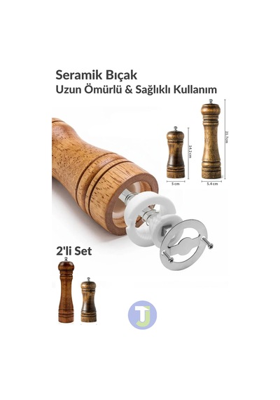 Technojet 2 Adet Doğal Ahşap Karabiber Tuz Kahve Baharat Öğütücü Ahşap Değirmen Tuzluk Biberlik 2li Set 14cm+22cm 2li Set 14cm+22cm