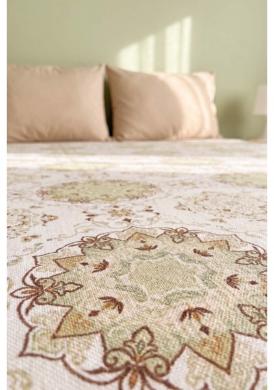 Yeşil Mandala Desenli Çift Kişilik Baskılı Pike & Yatak Örtüsü 200x230 Cm