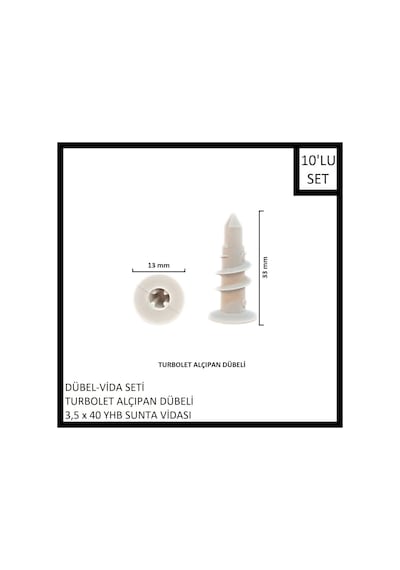 Dübel-vida Seti, Turbolet Alçıpan Dübeli, 3,5x40 Yhb Sunta Vidası, 10 Adet