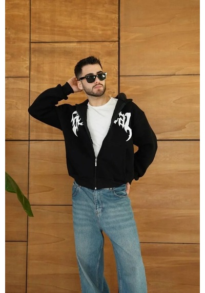 Erkek Kapüşonlu 3 İplik Şardonlu Önü Baskılı Fermuarlı Oversize Sweatshirt - Siyah Siyah