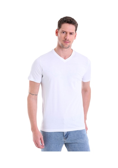 Hatemoğlu Düz Slim Fit 100% Pamuk V Yaka Tişört Beyaz