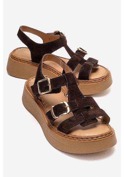 Luvishoes Loın Kahverengi Süet Hakiki Deri Tokalı Kadın Sandalet Kahverengi