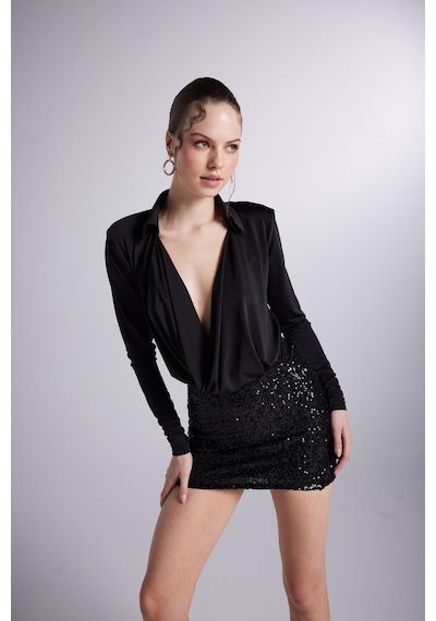 Holly Lolly Degaje Yaka Dekolteli Çıtçıtlı Taylor Bodysuit Siyah