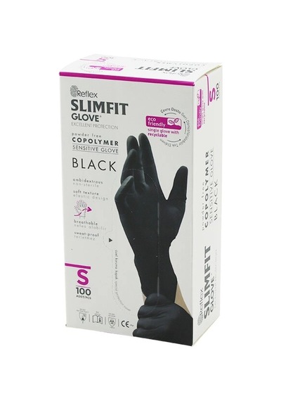 Reflex Slimfit Glove Kod-033 S Siyah Pudrasız Muayene Eldiven 100lü Bx40
