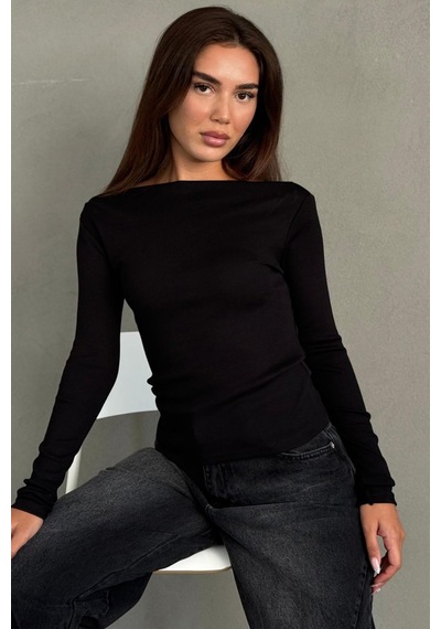 Madmext Siyah Kayık Yaka Fitilli Slim Fit Kadın Bluz Mg2909