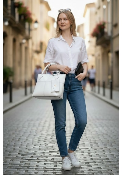 Kadın Tote Shopper Çanta Kontrast Dikiş Ön Cep Ve Cüzdan Detaylı Geniş Hacimli Casual Günlük Omuz Çantası Krem