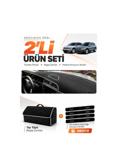 E-biz Volkswagen Tiguan 2016-2023 Uyumlu Torpido Örtüsü + Tay Tüyü Çanta - Siyah-gri - Vw024