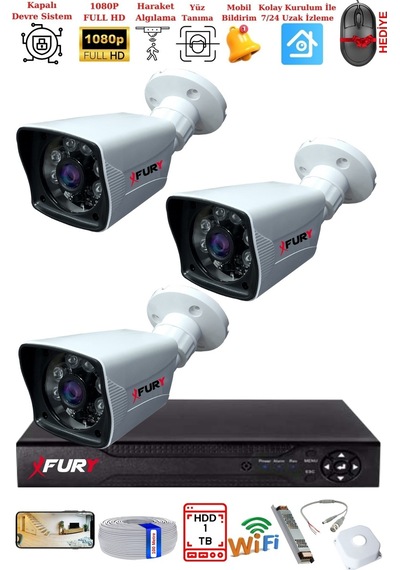 Fury 3 Kameralı 2mp Full Hd Görüntü 6 Atom Led Gece Görüşlü Dış Mekan Güvenlik Kamerası Seti 1tb