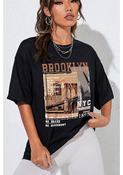 Unisex Brooklyn Baskılı Tasarım Tshirt Siyah Unisex Brooklyn Baskılı Tasarım Tshirt Siyah