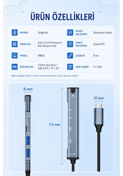 Type-c Çok Fonksiyonlu Hub Adaptör, Usb 2.0 Tf Sd Kart Okuyucu Ve 3.5mm Ses Girişli Otg Çevirici, Telefon Tablet Uyumlu, Klavye Mouse Usb Bellek İçin N806a