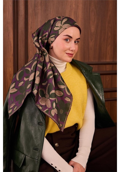 Silk Home Twill İpek Eşarp Erguvan Yeşil Vizon Papatya Desenli Tok Duruşlu 90x90 Çok Renkli