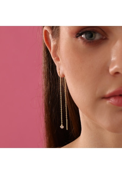Queen Silver Jewelry 925 Ayar Gümüş Yuvarlak Küçük Taş Sallantılı Küpe Altın