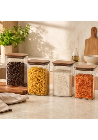 1050 Ml Akasya Kapaklı Cam Kavanoz 4'lü Set, Şeffaf Cam Saklama Kavanozu, Ahşap Kapaklı Mutfak Düzenleyici, Bakliyat Makarna Kahve Çay Kuruyemiş Kuru Gıda Kabı Çok Renkli