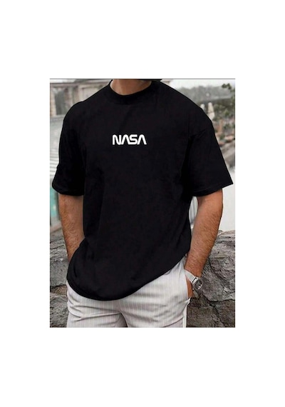 Medinenur Nasa Yazı Baskılı Basic T-shirt Siyah