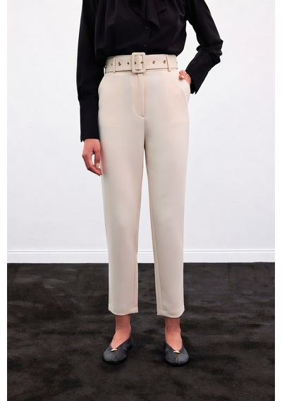 Sateen Kemerli Pantolon - Bej-136909 Bej