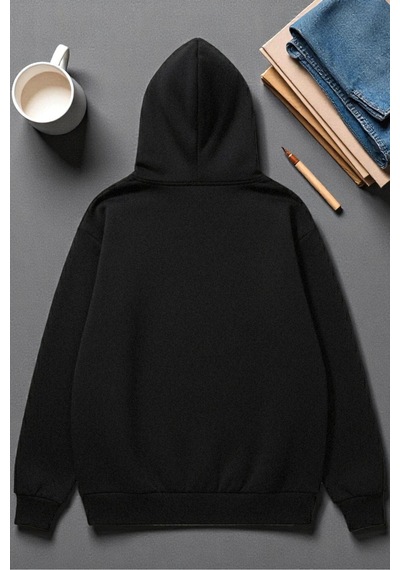 Uyguntarz Unisex Renkli Kurdele Baskılı Kapüşonlu Sweatshirt siyah