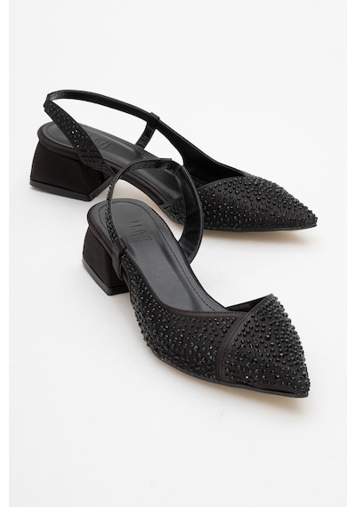 Luvishoes Luvi Shoes Sella Siyah Saten Taşlı Kadın Kısa Topuklu Ayakkkabı Siyah