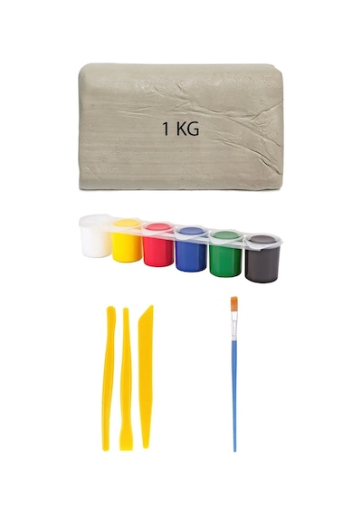 Beyaz Seramik Hamuru 1 Kg Ebeşuar Seti 6x15 Ml Akrilik Seti Düz Fırça Seramik Kili Oyun Hamuru