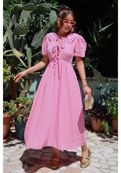 Olcay Bağcık Detaylı Beli Büzgülü Müslin Elbise Pembe 9362-e