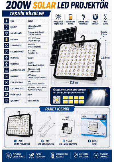 200w Solar Led Projektör Usb Şarjlı Powerbank Özellikli Güneş Enerjili Taşınabilir Kamp Bahçe Garaj