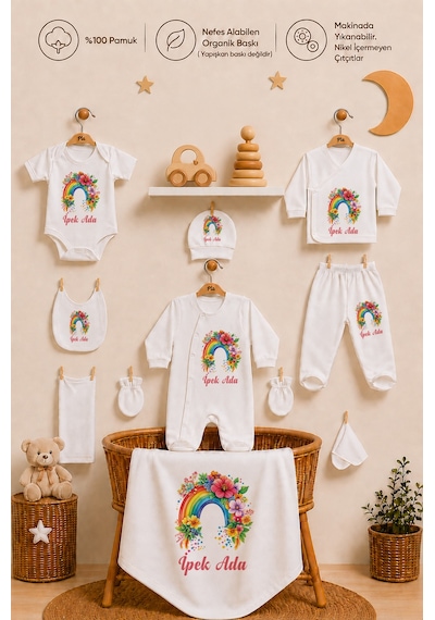 Pia Baby 10 Parça İsme Özel Kız Bebek Hastane Çıkışı %100 Pamuk Organik Baskılı 1005100x Ekru