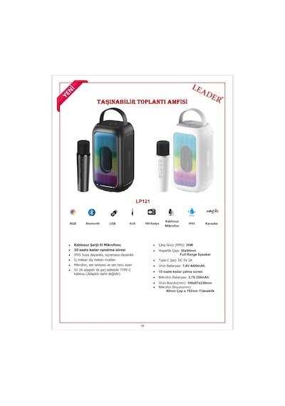 Leader Lp121 Rgb Bluetooth Usb Aux Fm Radyo Kablosuz Mikrofon Taşınabilir Toplantı Amfisi