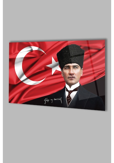 Atatürk Portre Ve Türk Bayrağı Yatay Cam Tablo Evlika, Modern Duvar Dekoru , Kurum Ofis İş Hediyelik Tablo